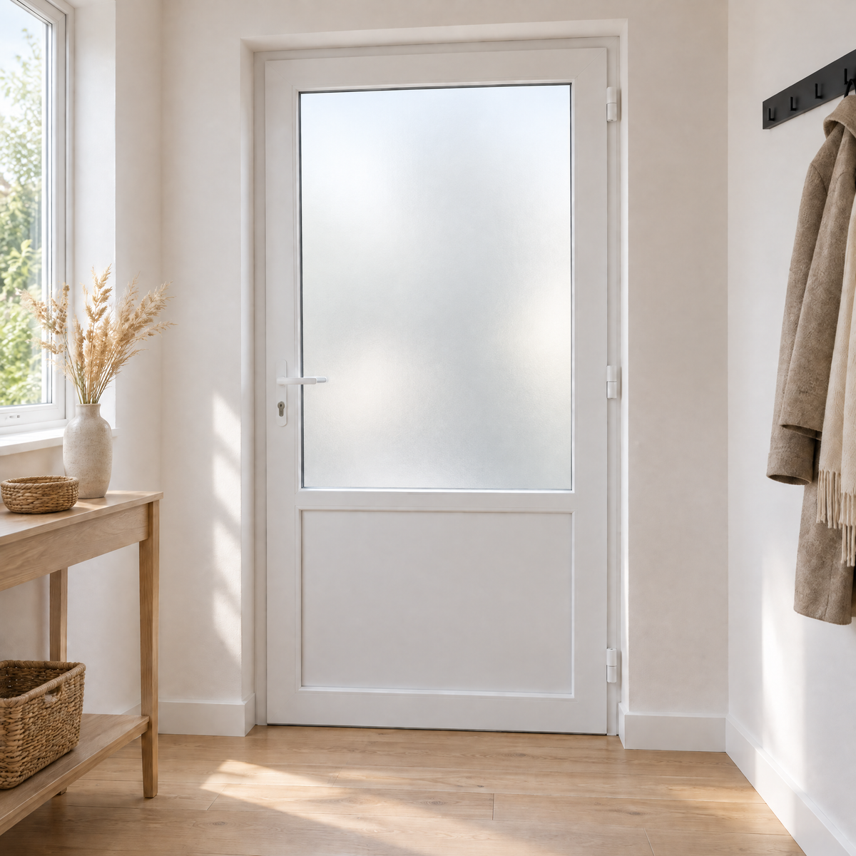 Fehér Rehau félig üveges bejárati ajtó tejüveggel, modern minimalista előszobában