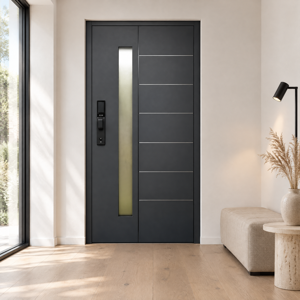 Antracit IronDOOR33 biztonsági bejárati ajtó modern minimalista előtérben