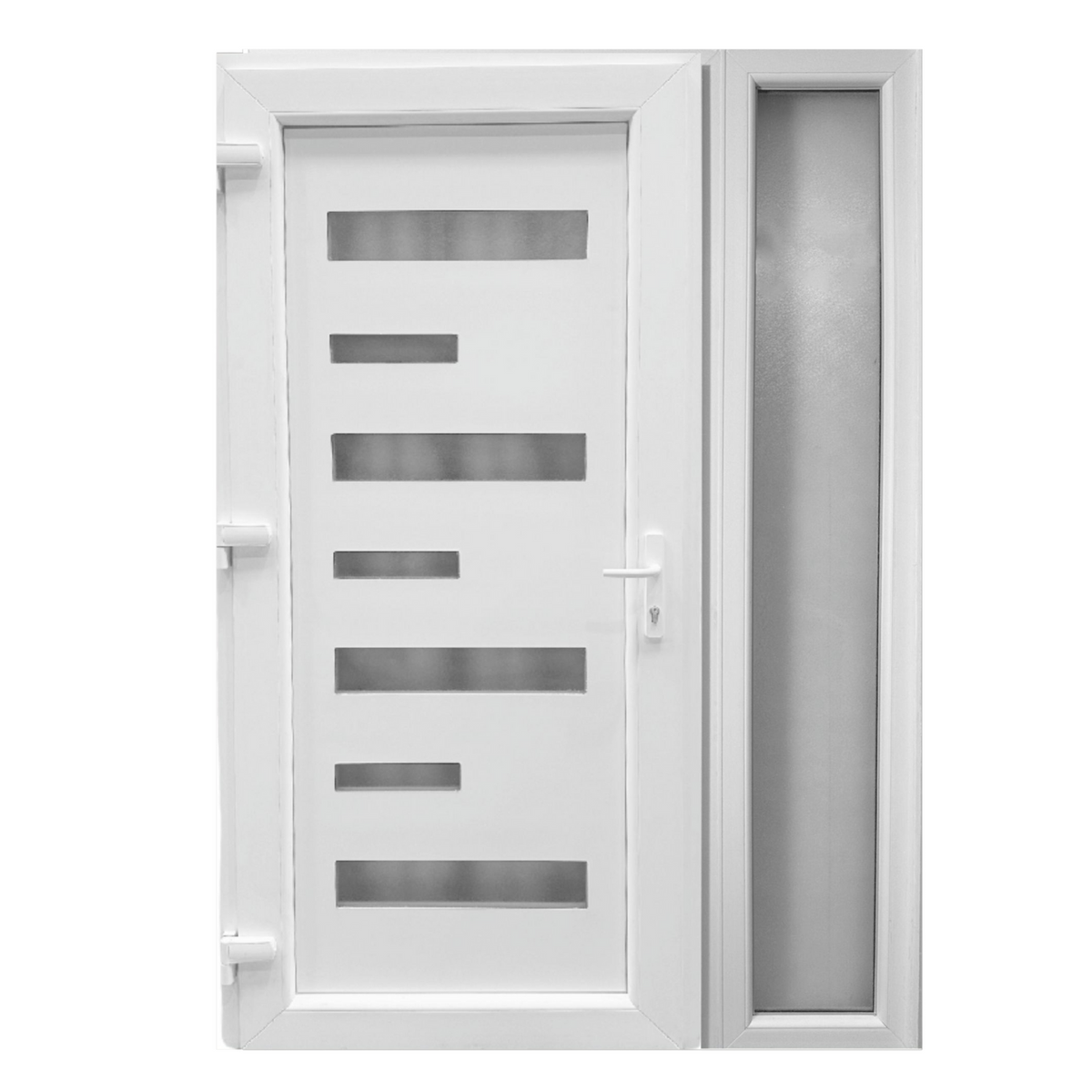 Kétszárnyú Műanyag bejárati ajtó - vékony csíkos kivitel - 70mm-es profil, 24mm-es panel, 2 rétegű üveg, zártszelvény merevítéssel