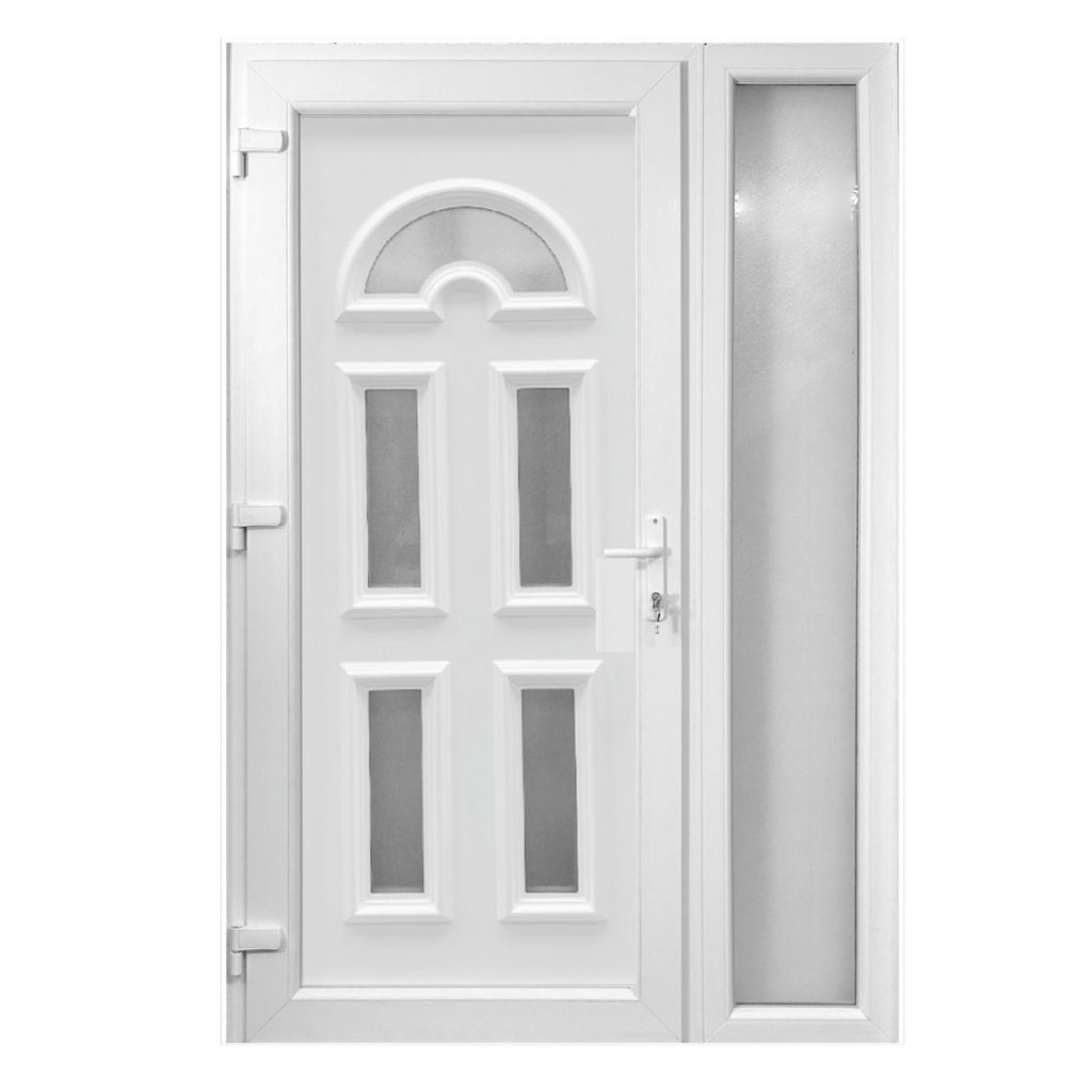 Kétszárnyú Műanyag bejárati ajtó - Köln5 kivitel - 70mm-es profil, 24mm-es panel, 2 rétegű üveg, zártszelvény merevítéssel