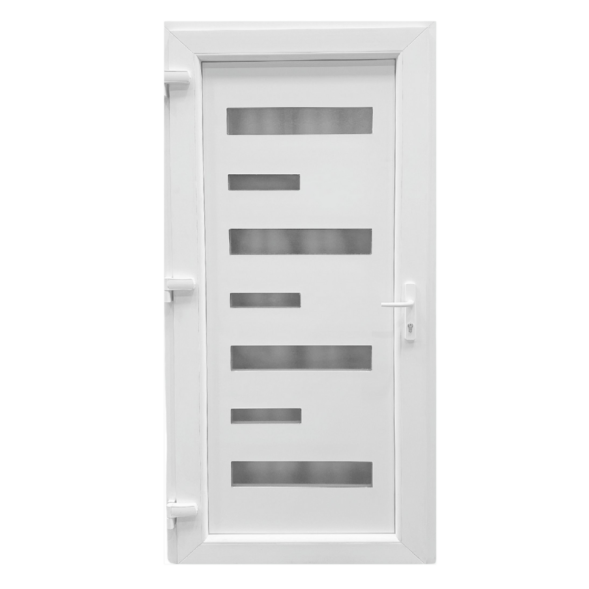 Műanyag bejárati ajtó - vékony csíkos kivitel - 70mm-es profil, 24mm-es panel, 2 rétegű üveg, zártszelvény merevítéssel