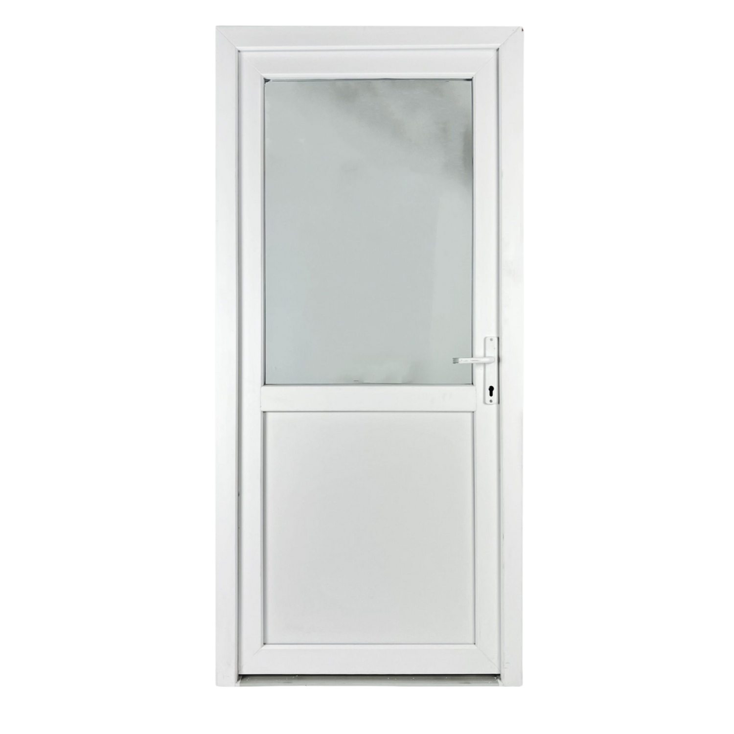 Műanyag bejárati ajtó - félig üveges kivitel - 70mm-es profil, 24mm-es panel, 2 rétegű üveg, zártszelvény merevítéssel