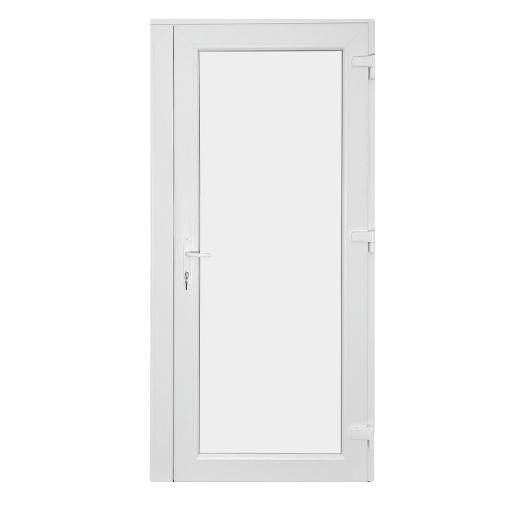 Műanyag bejárati ajtó - teli üveges kivitel - 70mm-es profil, 24mm-es panel, 2 rétegű üveg, zártszelvény merevítéssel