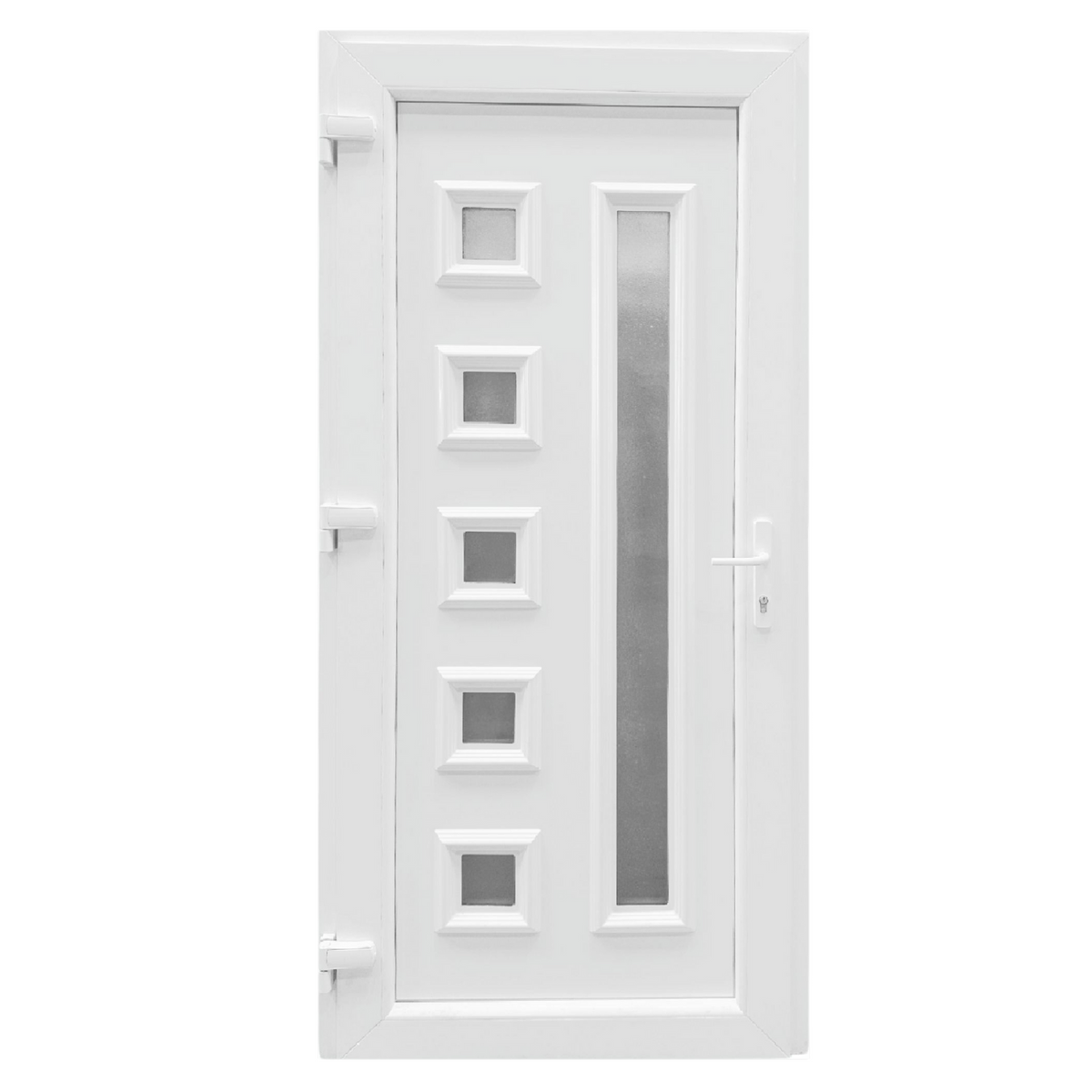 Műanyag bejárati ajtó - 5 kockás kivitel - 70mm-es profil, 24mm-es panel, 2 rétegű üveg, zártszelvény merevítéssel