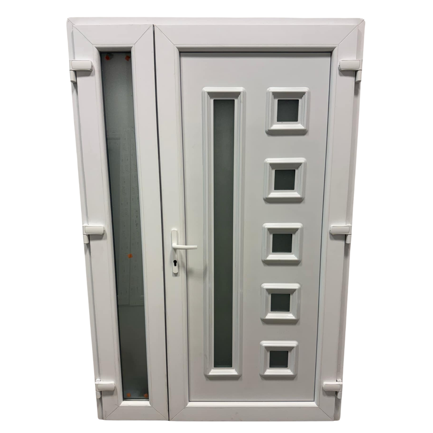 Kétszárnyú Műanyag bejárati ajtó - 5 kockás kivitel - 70mm-es profil, 24mm-es panel, 2 rétegű üveg, zártszelvény merevítéssel