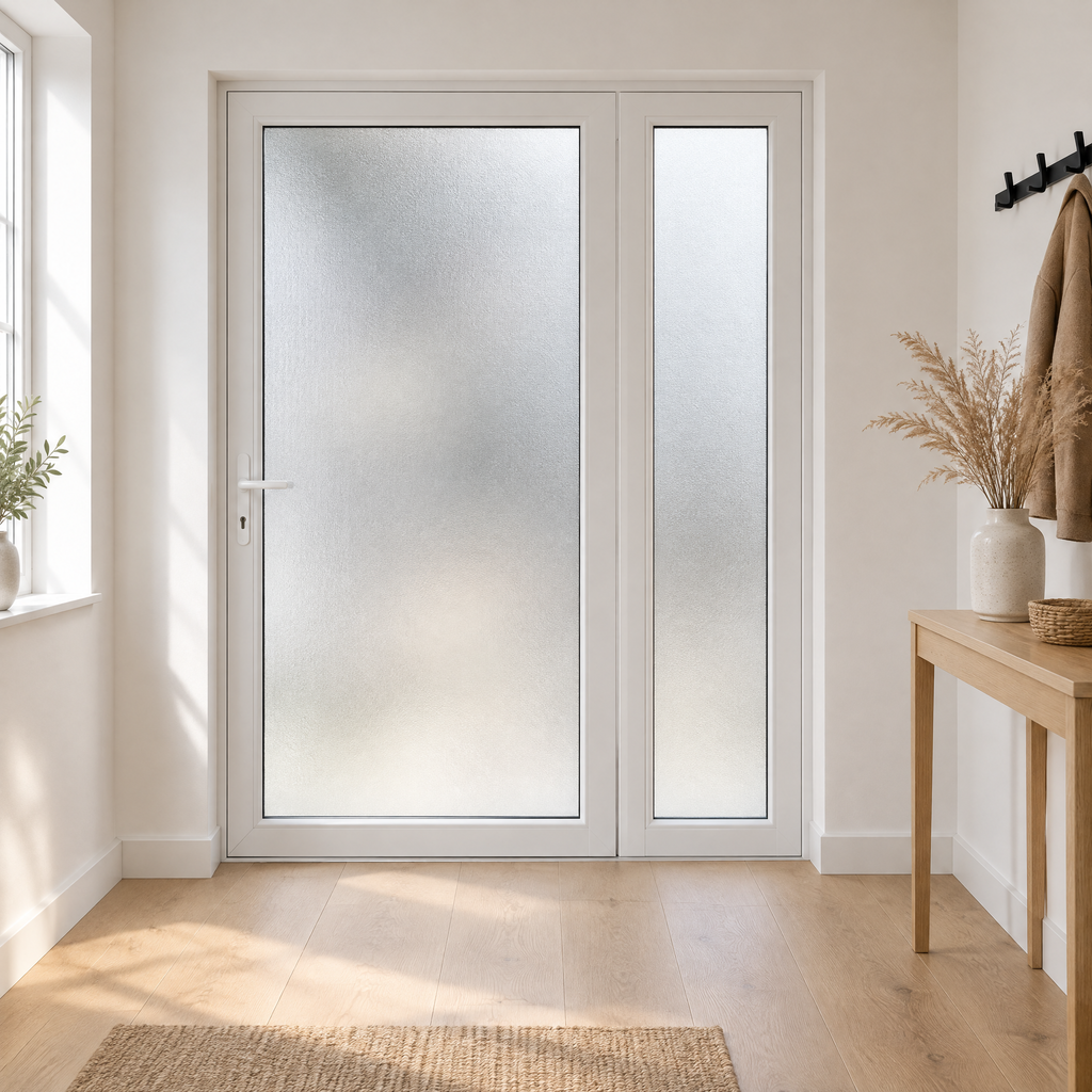 Fehér Rehau kétszárnyú üveges bejárati ajtó modern minimalista előszobában