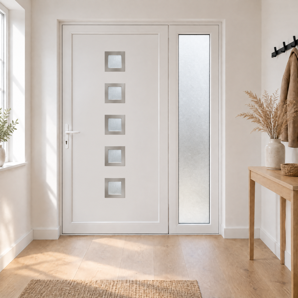 Fehér kétszárnyú inox díszbetétes bejárati ajtó modern minimalista előszobában
