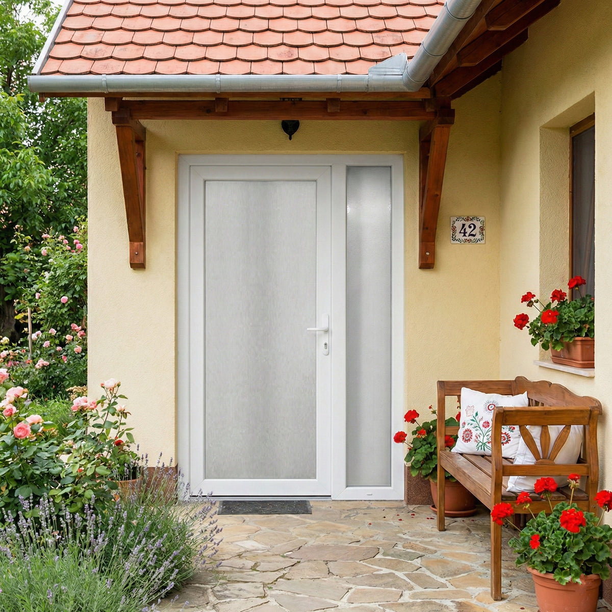 Kétszárnyú Műanyag bejárati ajtó - teli üveges kivitel - 70mm-es profil, 24mm-es panel, 2 rétegű üveg, acél merevítéssel