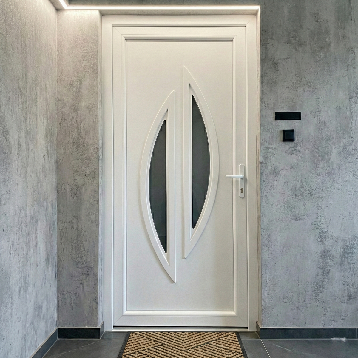 Plastična vhodna vrata – izvedba Ausbach – 80-mm profil, 40-mm panel, z jeklenimi ojačitvami
