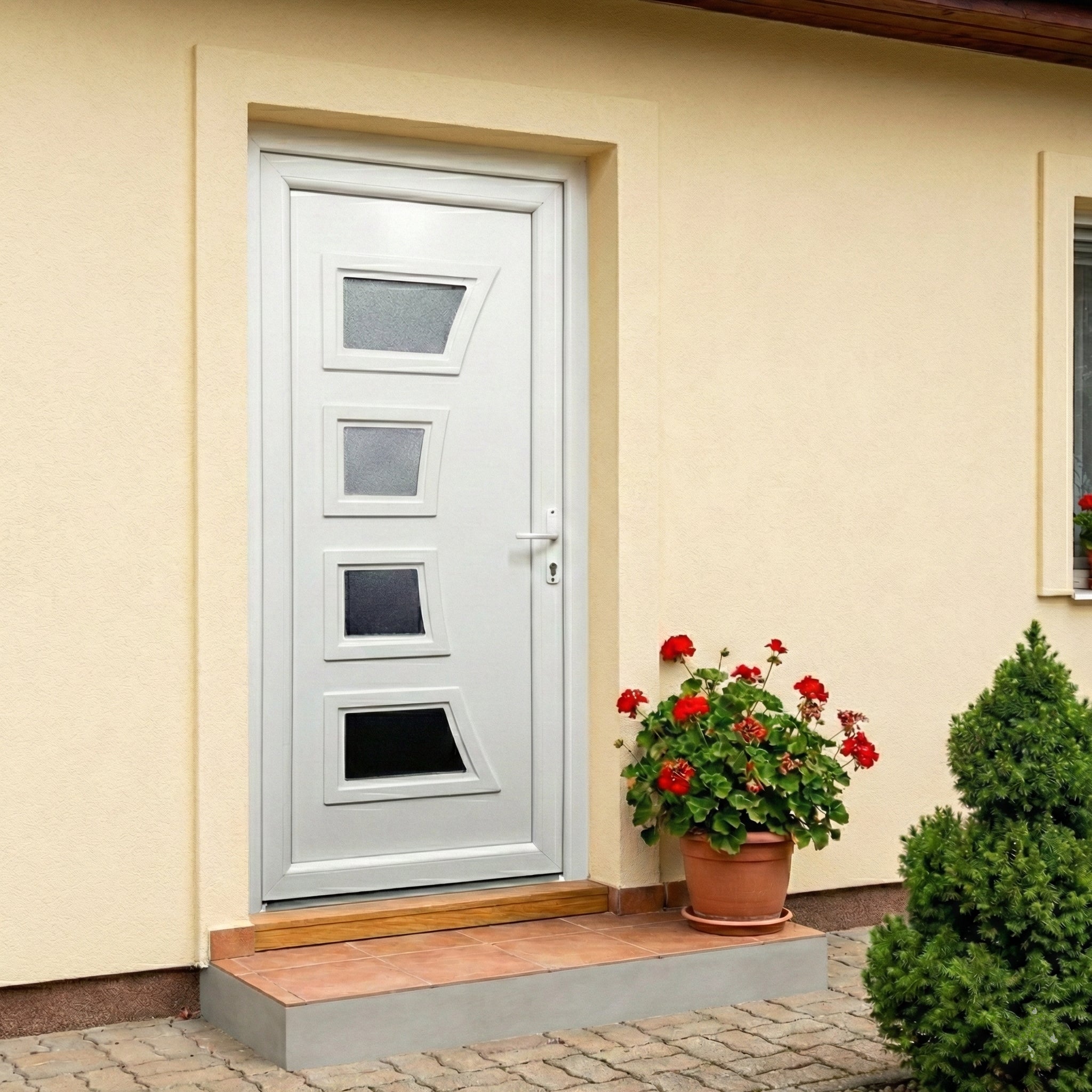 Plastična vhodna vrata – obokana izvedba 4K – 80-mm profil, 40-mm panel, z jeklenimi ojačitvami