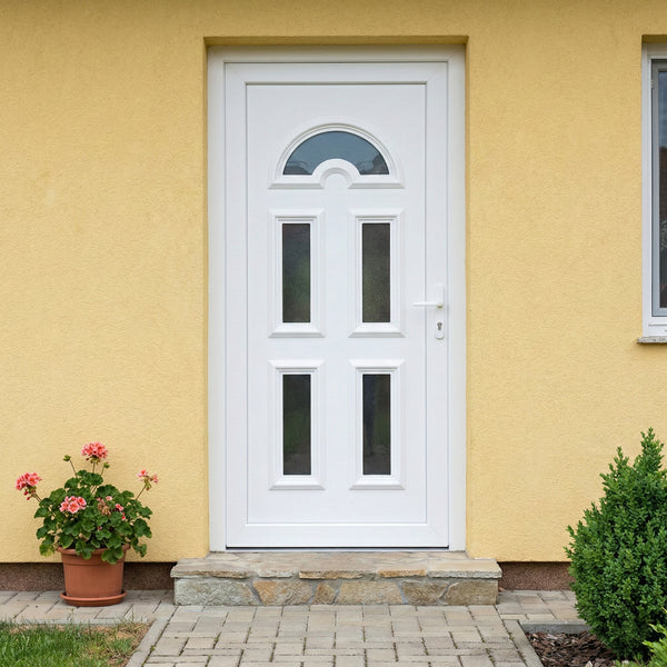 Műanyag bejárati ajtó - Köln5 kivitel - 70mm-es profil, 24mm-es panel, 2 rétegű üveg, acél merevítéssel