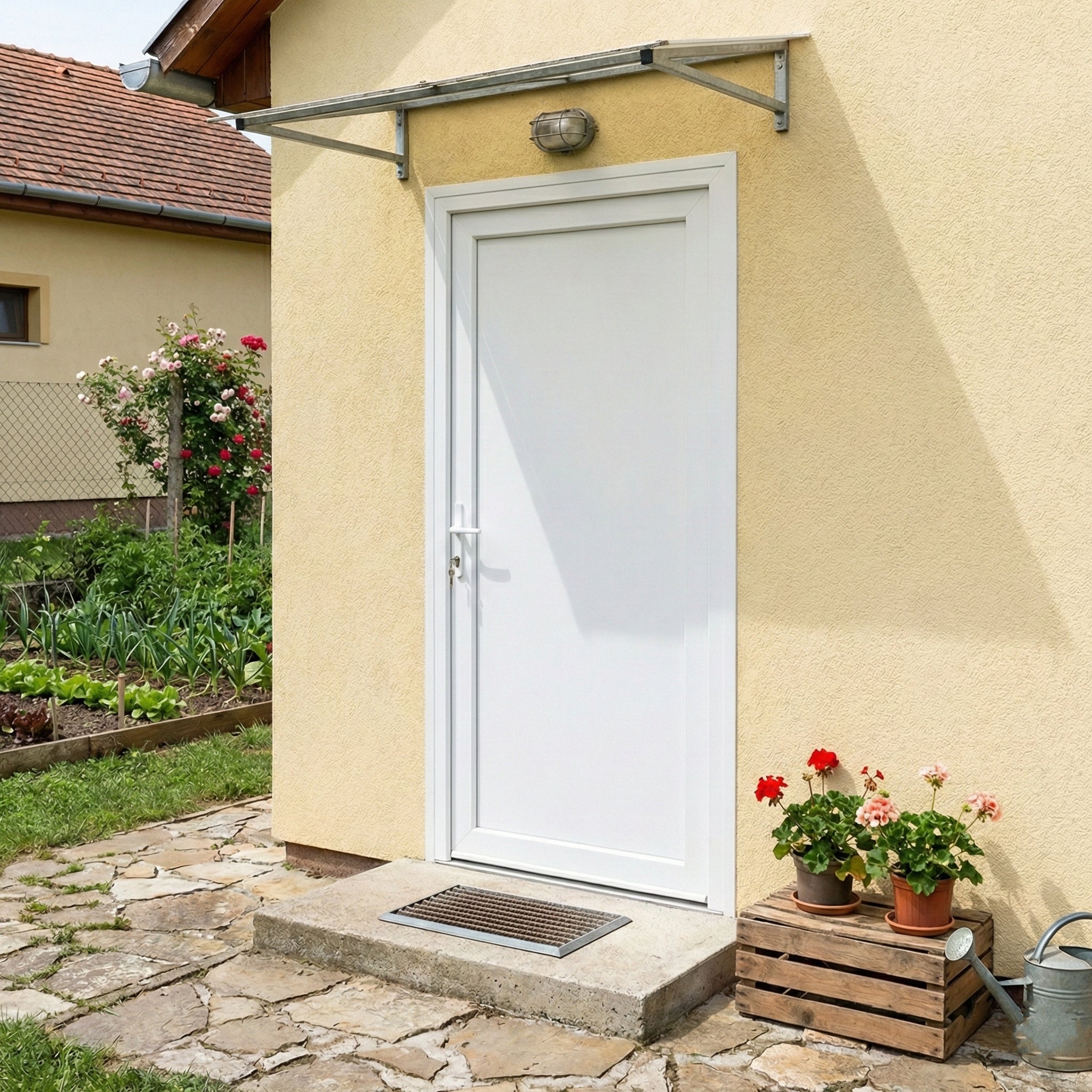 Műanyag bejárati ajtó - teli üveges kivitel - 70mm-es profil, 24mm-es panel, 2 rétegű üveg, acél merevítéssel