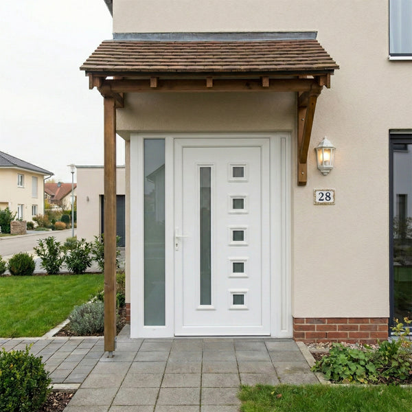 Kétszárnyú Műanyag bejárati ajtó - 5 kockás kivitel - 70mm-es profil, 24mm-es panel, 2 rétegű üveg, acél merevítéssel
